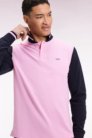 Polo à manches longues en piqué coton bicolore rose broderie 10