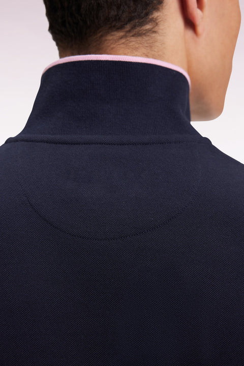 Polo à manches longues en piqué coton marine bande rose - Image 2