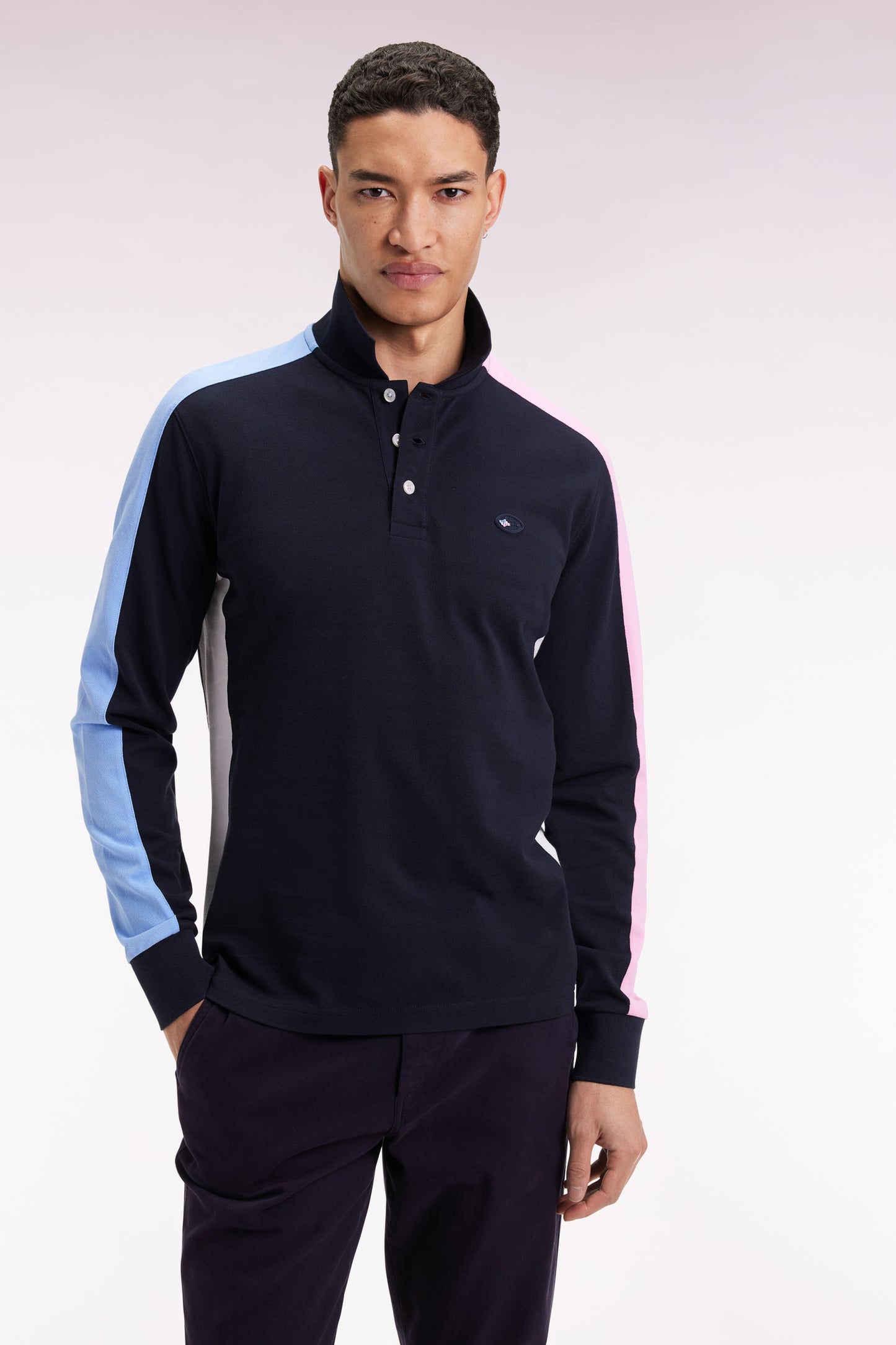 Long-sleeved navy polo shirt with tri-color cut-out sleeves