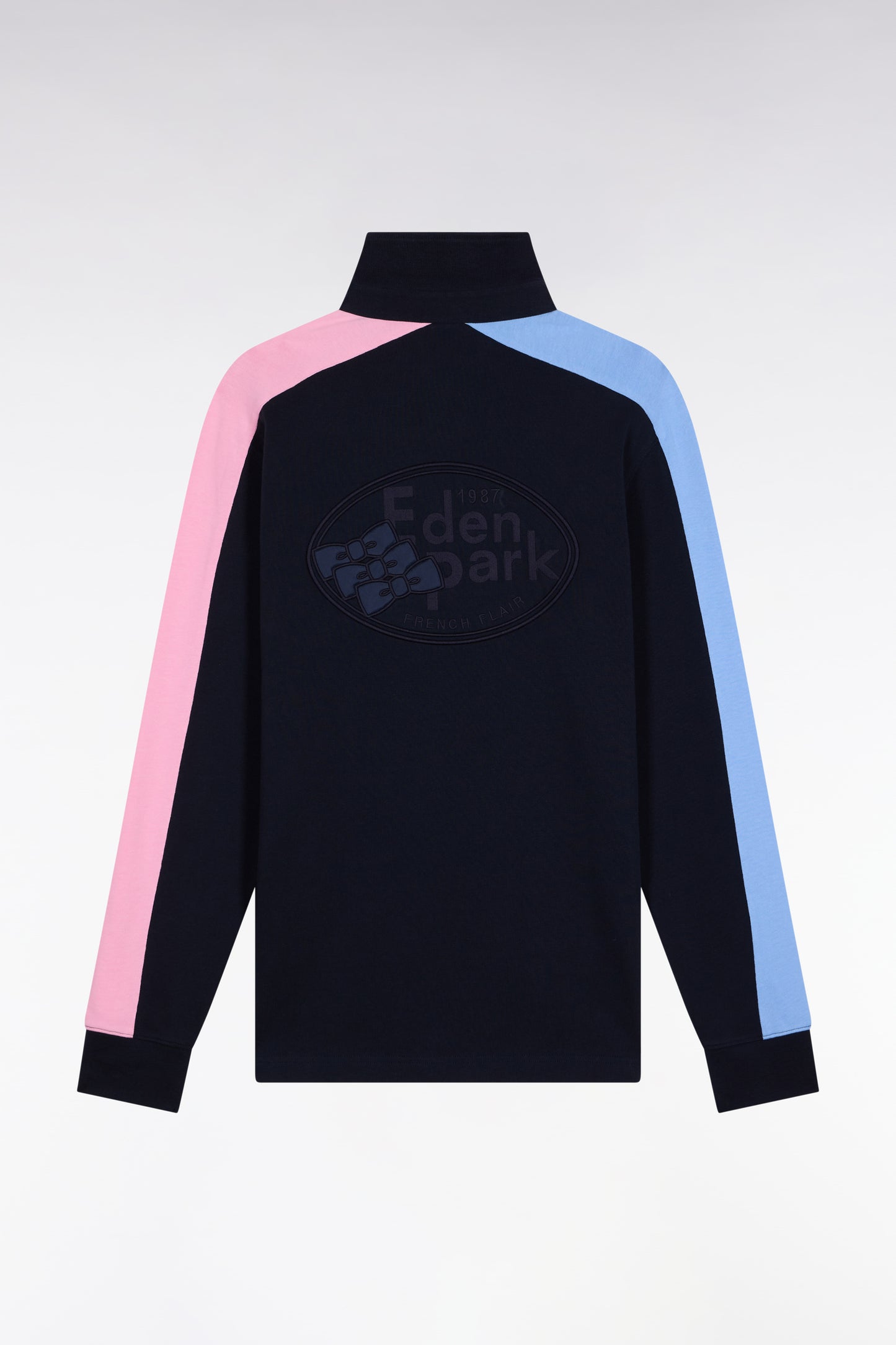 Long-sleeved navy polo shirt with tri-color cut-out sleeves