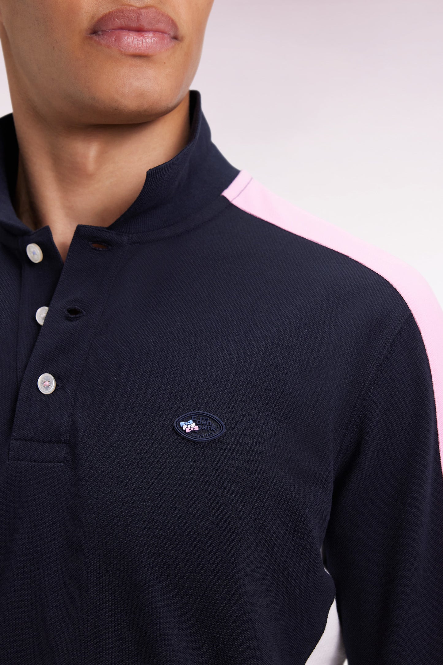 Long-sleeved navy polo shirt with tri-color cut-out sleeves