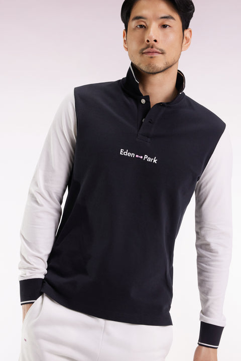 Long-sleeved polo shirt in two-tone cotton piqué with white Eden Park logo - Image 1