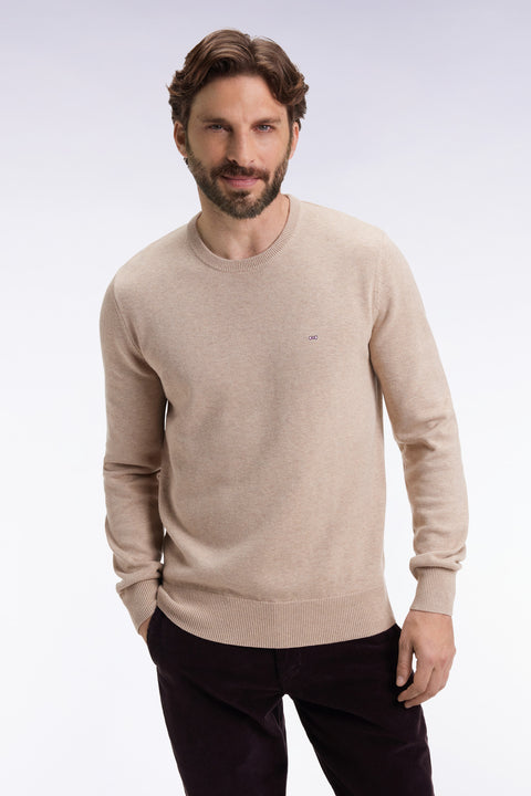 Pull col rond en laine et coton beige - Image 1