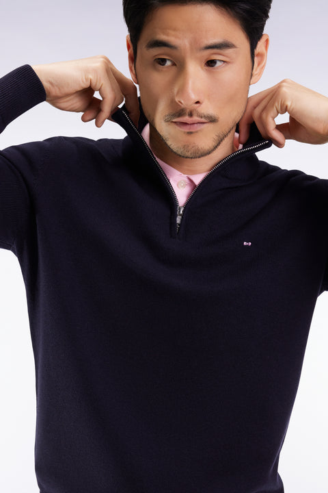 Pull col camionneur en laine et coton bleu foncé - Image 1