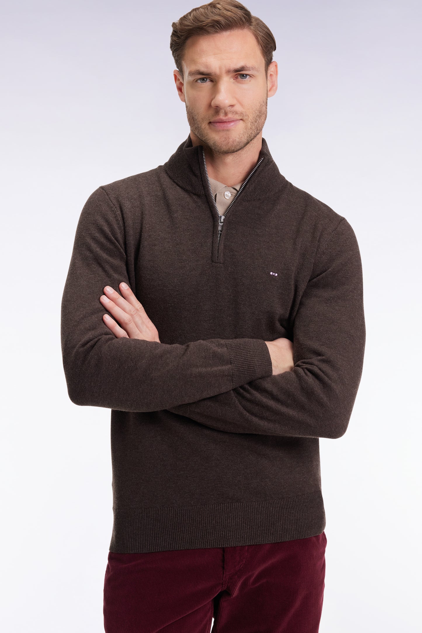 Brown wool and cotton trucker-neck sweater