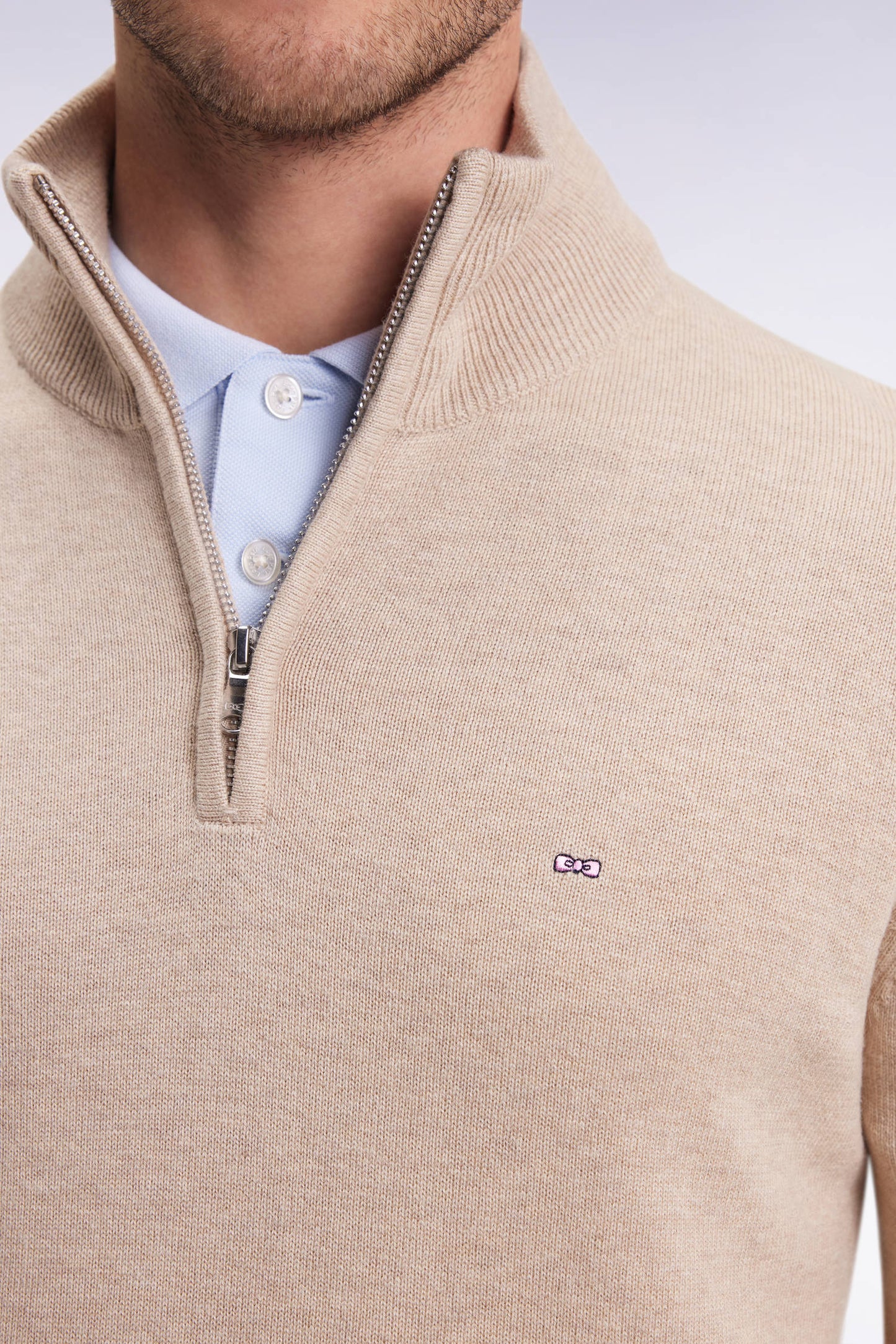 Beige wool and cotton trucker-neck sweater