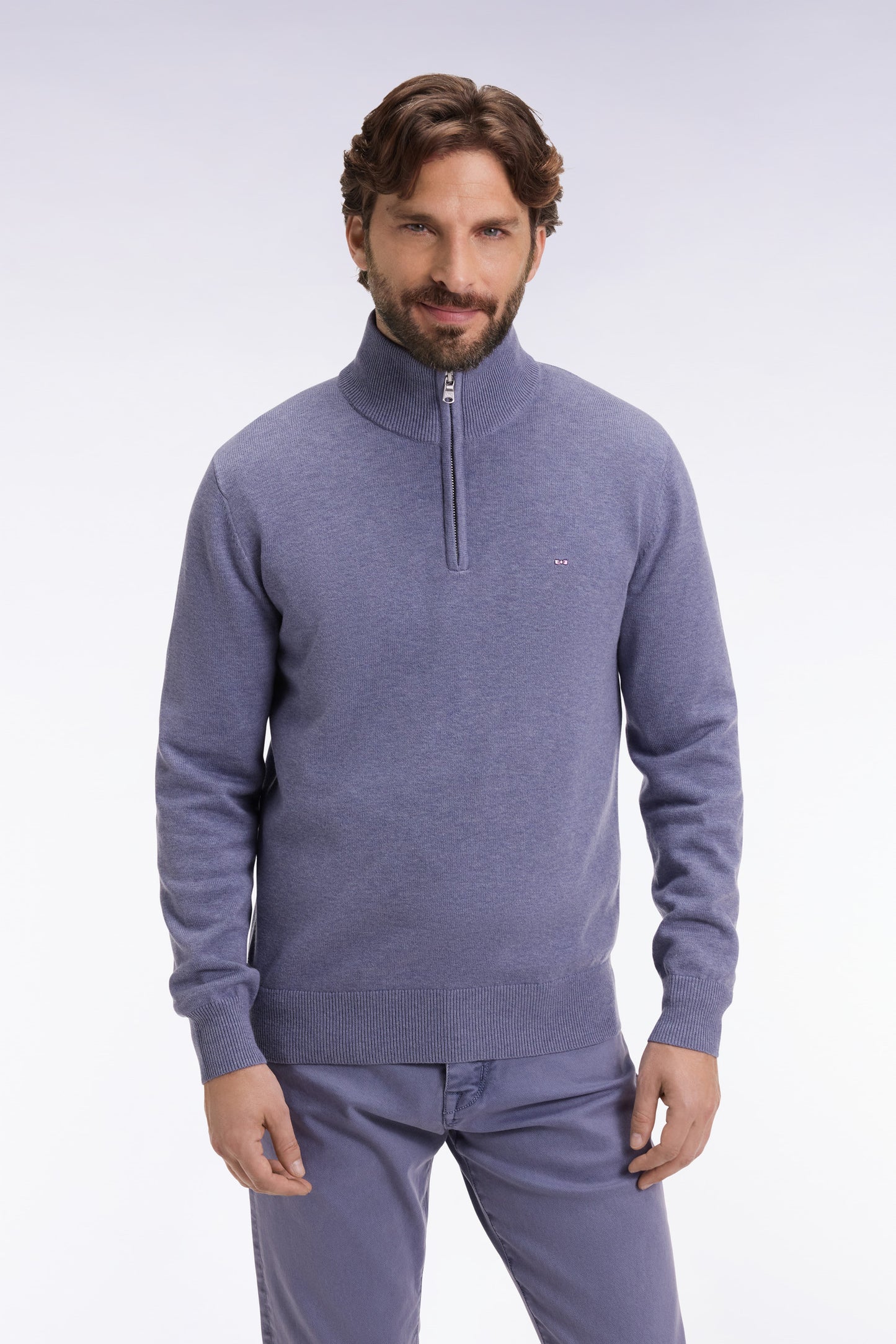 Grey-blue wool and cotton trucker-neck sweater