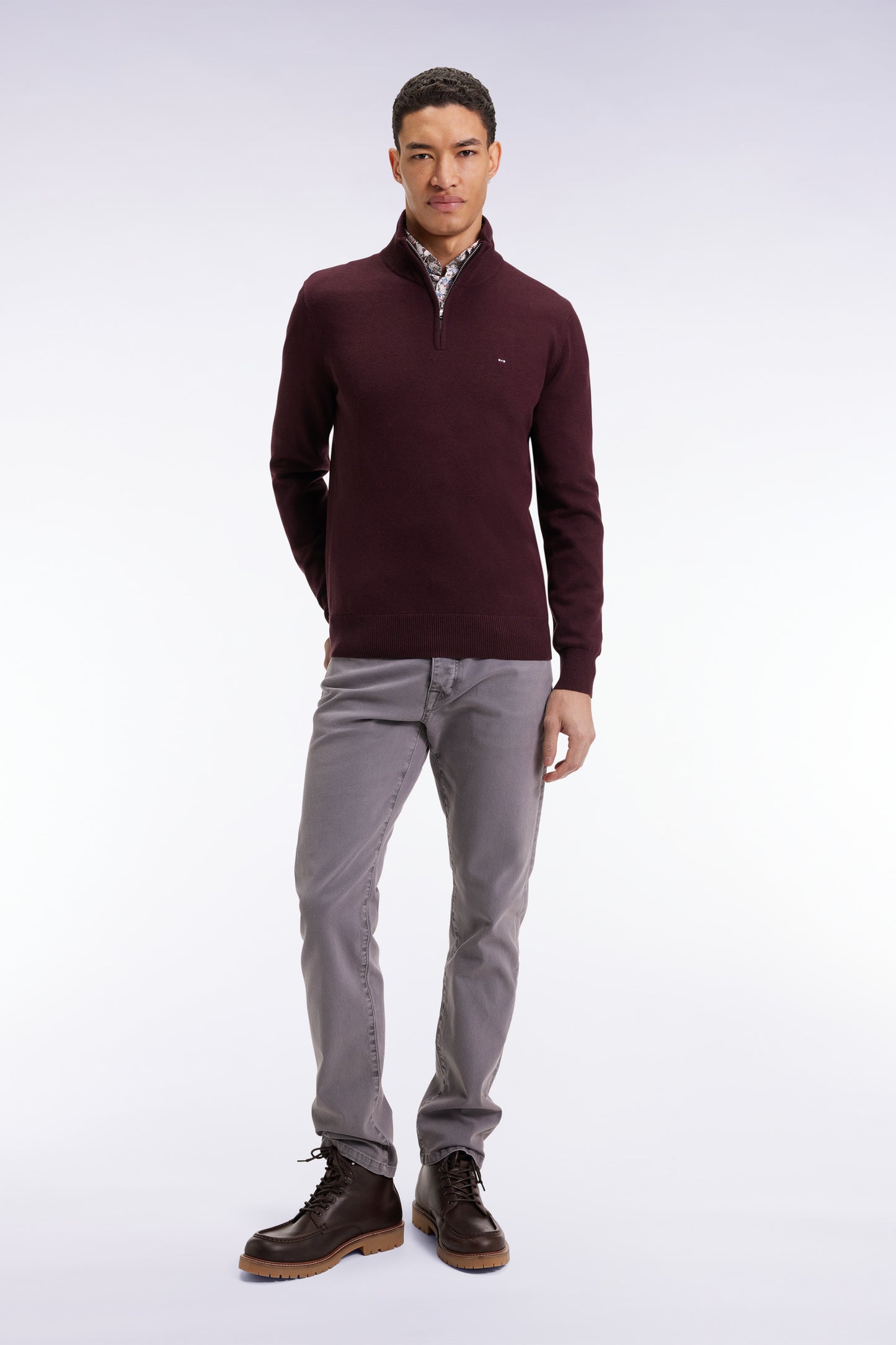 Truck-neck sweater in burgundy wool and cotton