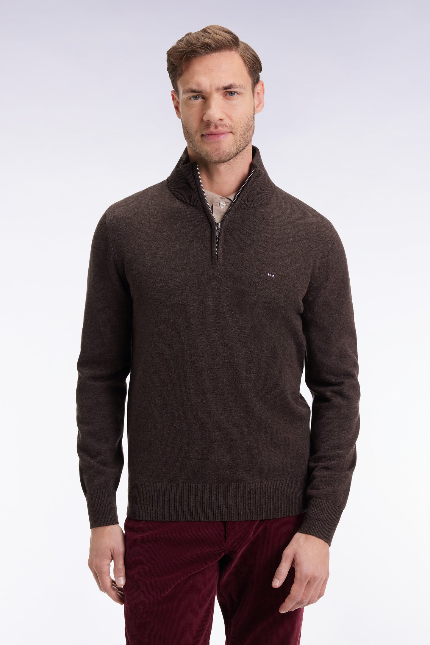 Brown wool and cotton trucker-neck sweater