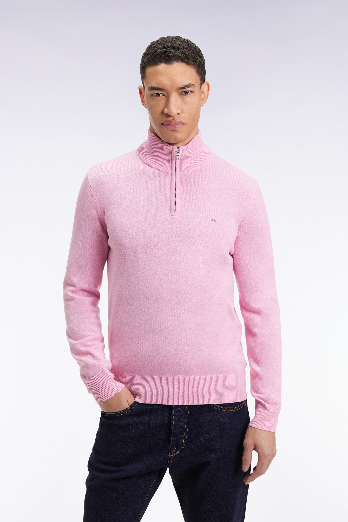 Pull col camionneur en laine et coton rose