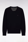 Pull col V en laine et coton bleu foncé