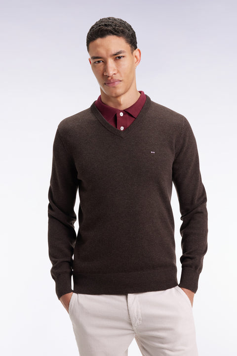 Pull col V en laine et coton marron foncé - Image 3