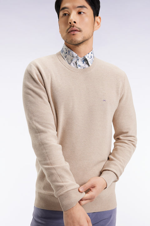 Pull col rond en coton nid d'abeille beige - Image 1