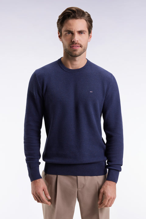 Pull col rond en coton nid d'abeille marine - Image 1