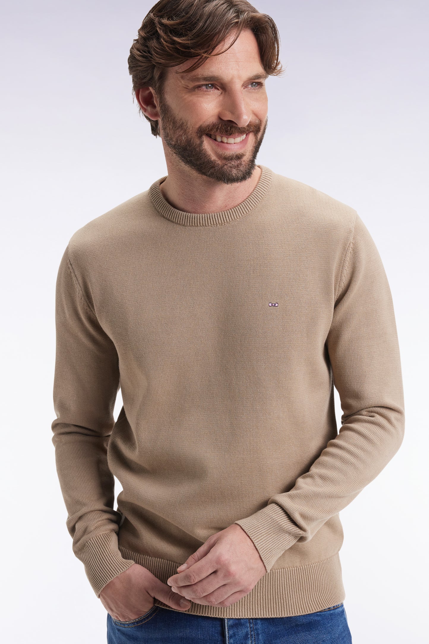 Pull col rond en coton épais beige