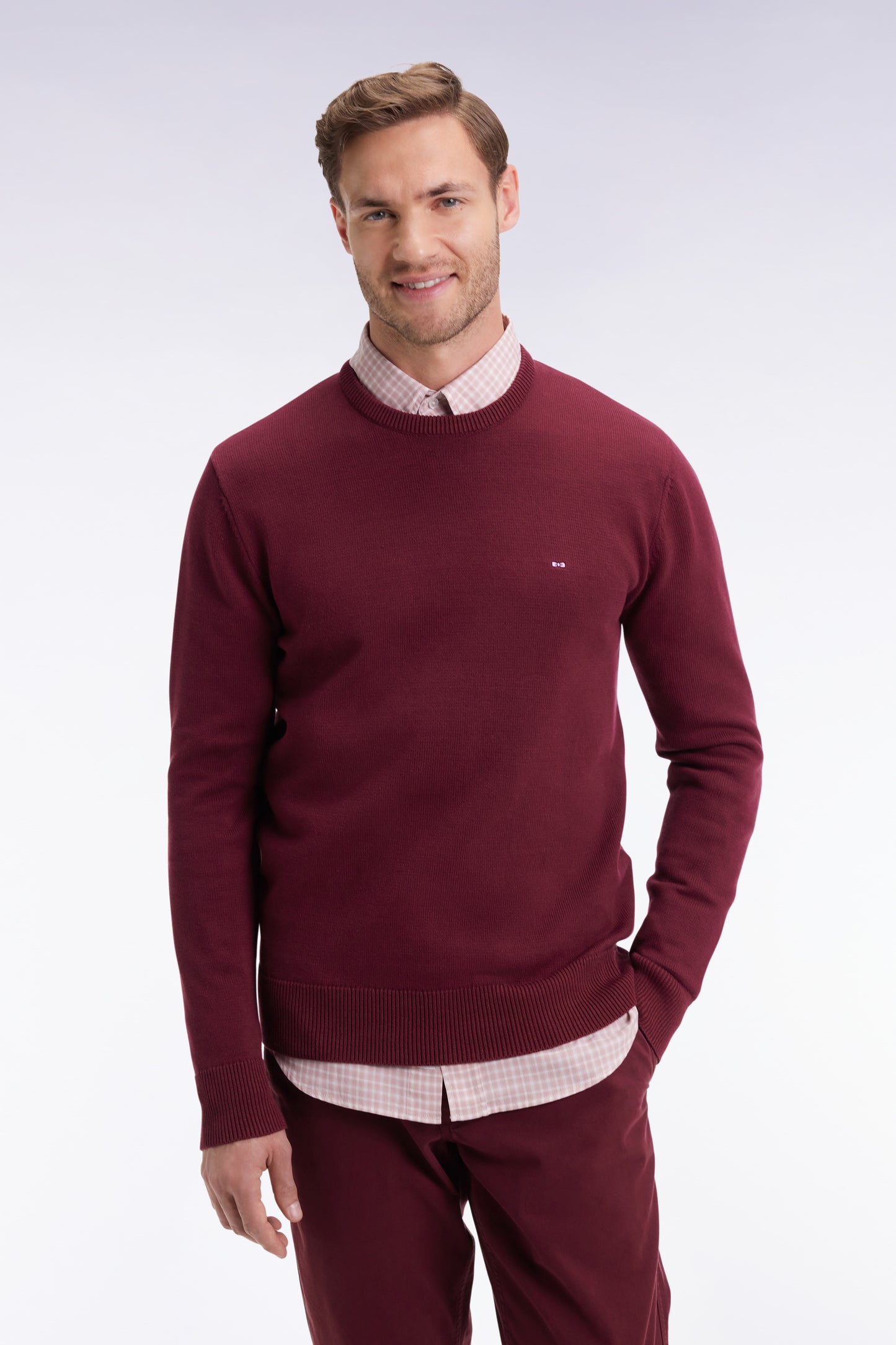 Pull col rond en coton épais bordeaux