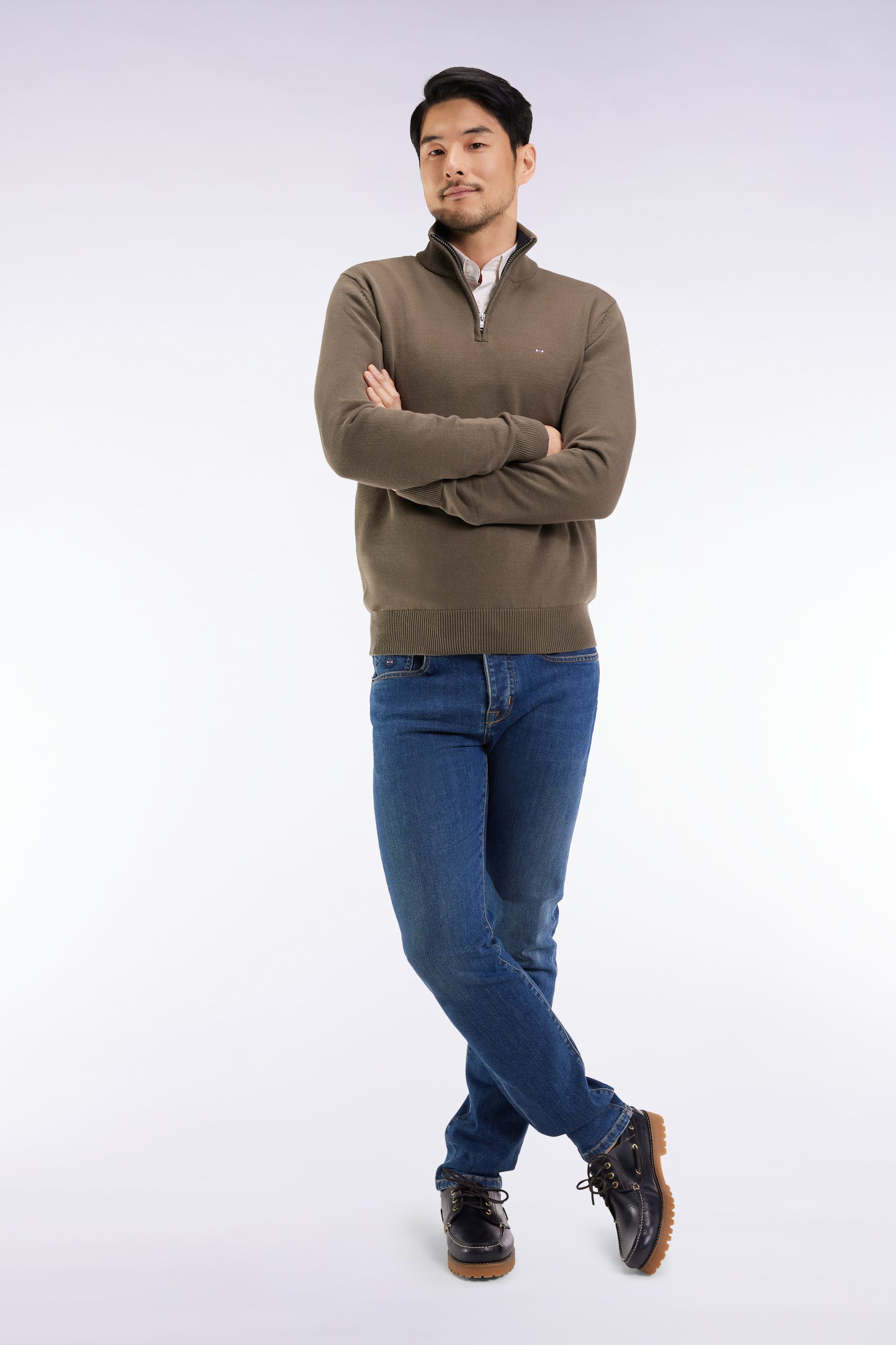 Truck-neck sweater in thick khaki cotton