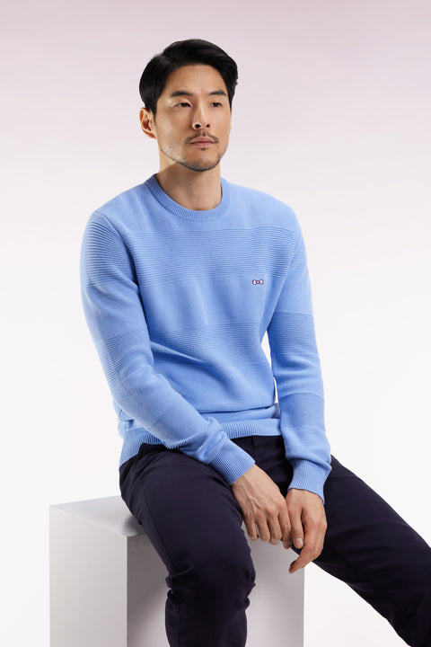 Pull col rond en coton ciel à effet de rayure - Image 1