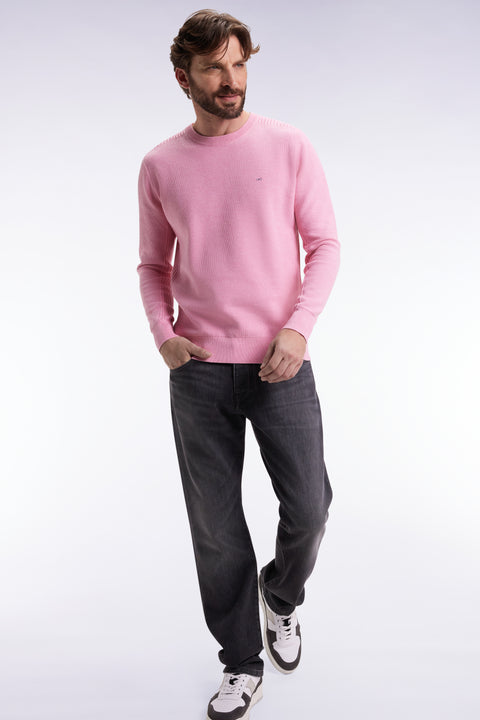 Pull col rond en coton nid d'abeille rose - Image 1