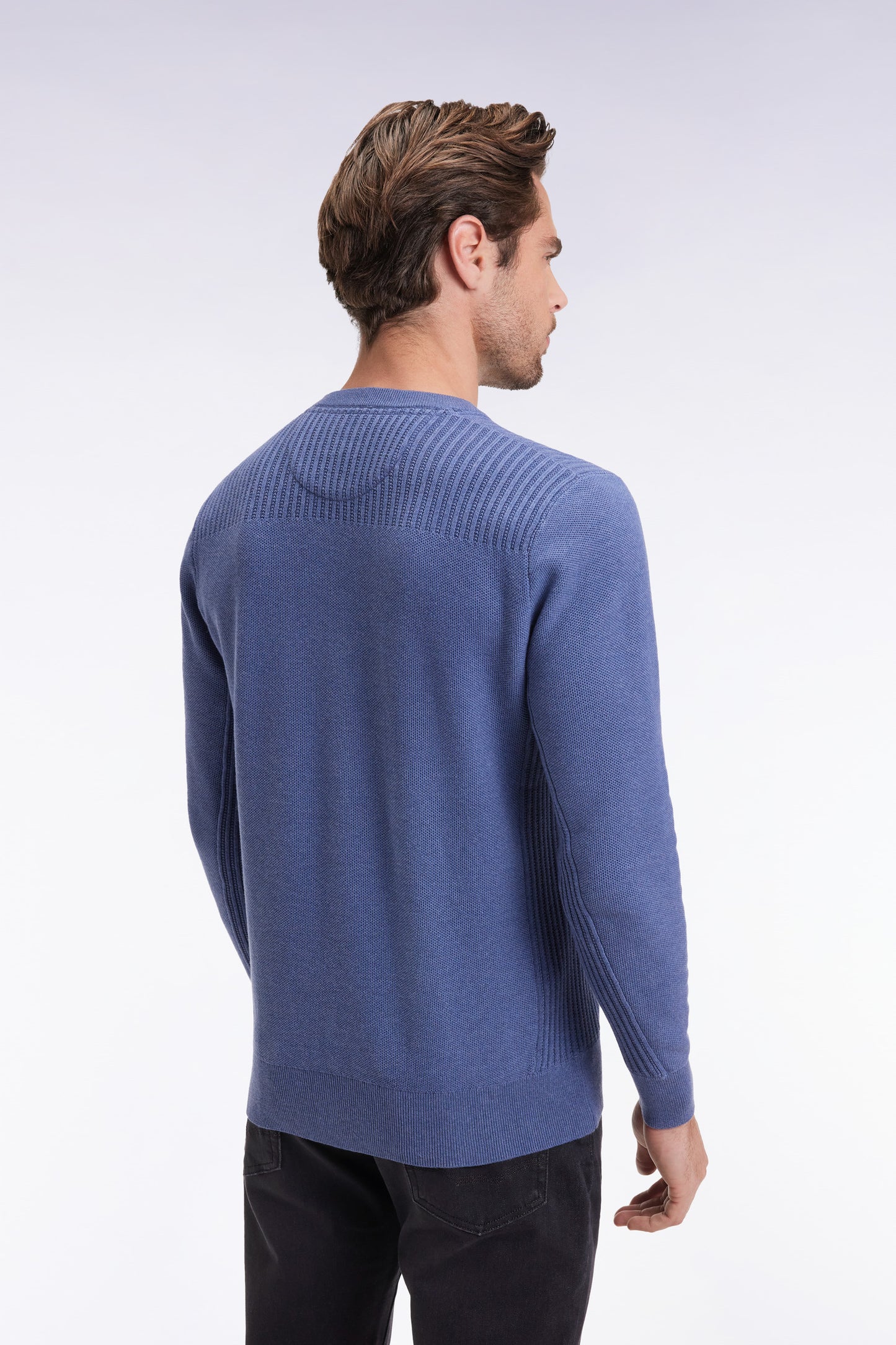 Pull col rond en coton nid d'abeille bleu
