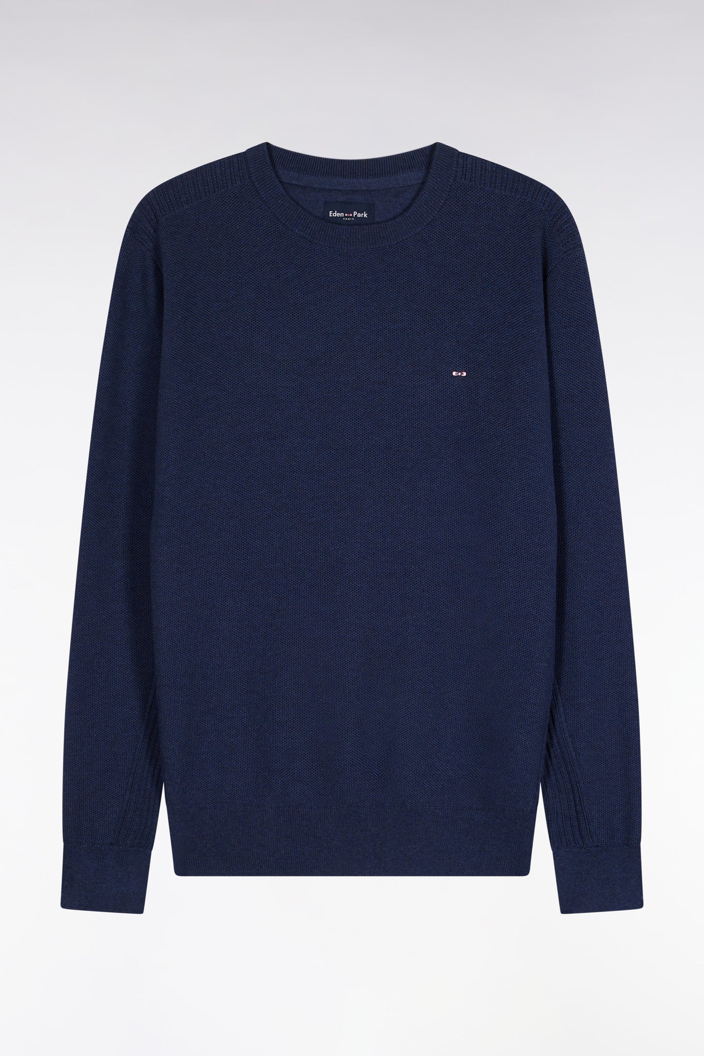 Round-neck sweater in navy cotton honeycomb