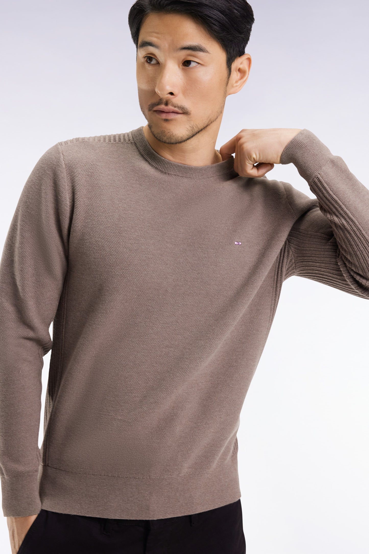 Brown cotton honeycomb round-neck sweater