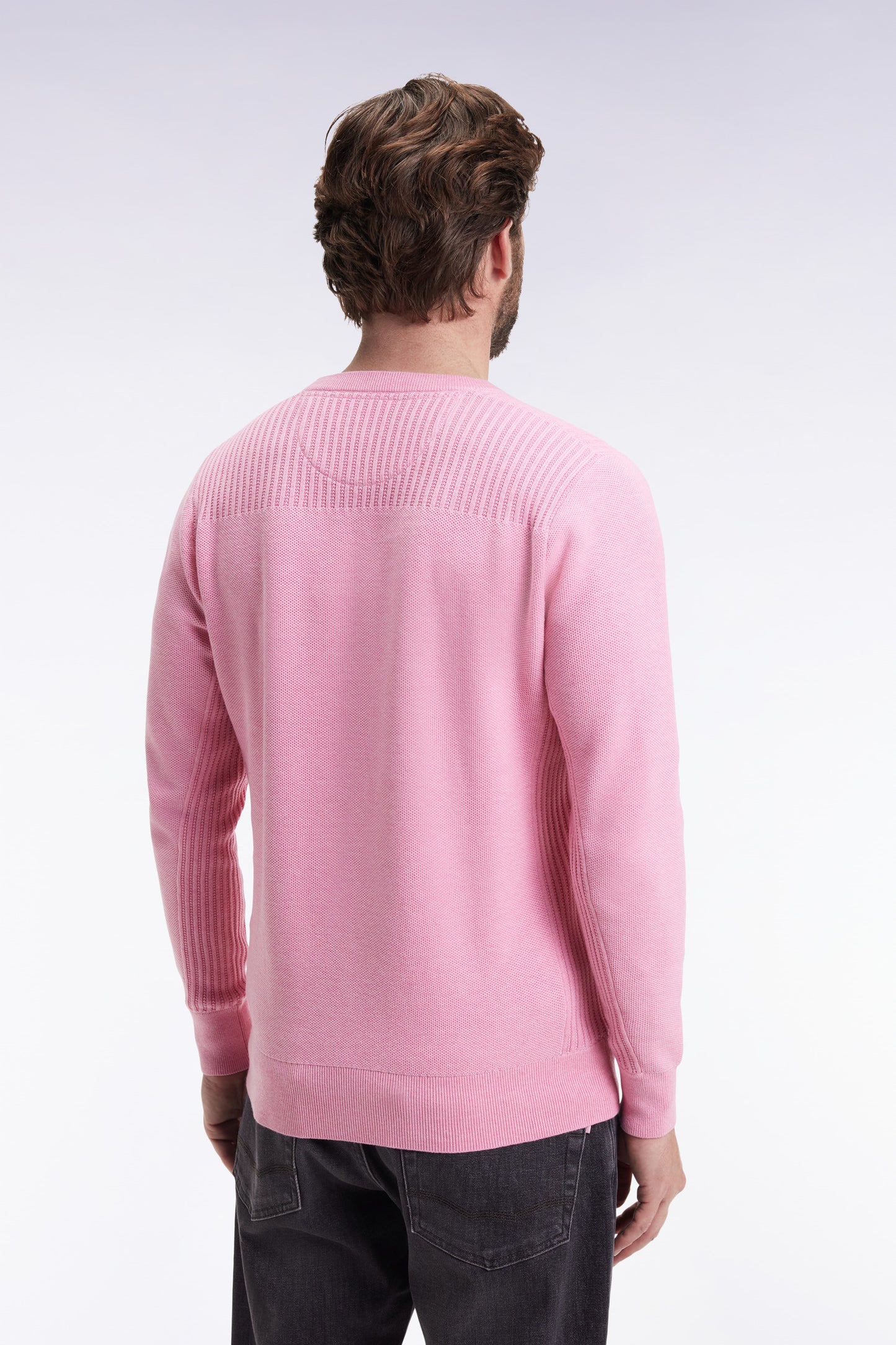 Pull col rond en coton nid d'abeille rose