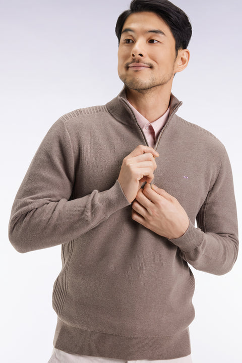 Pull col camionneur en coton nid d'abeille marron - Image 1