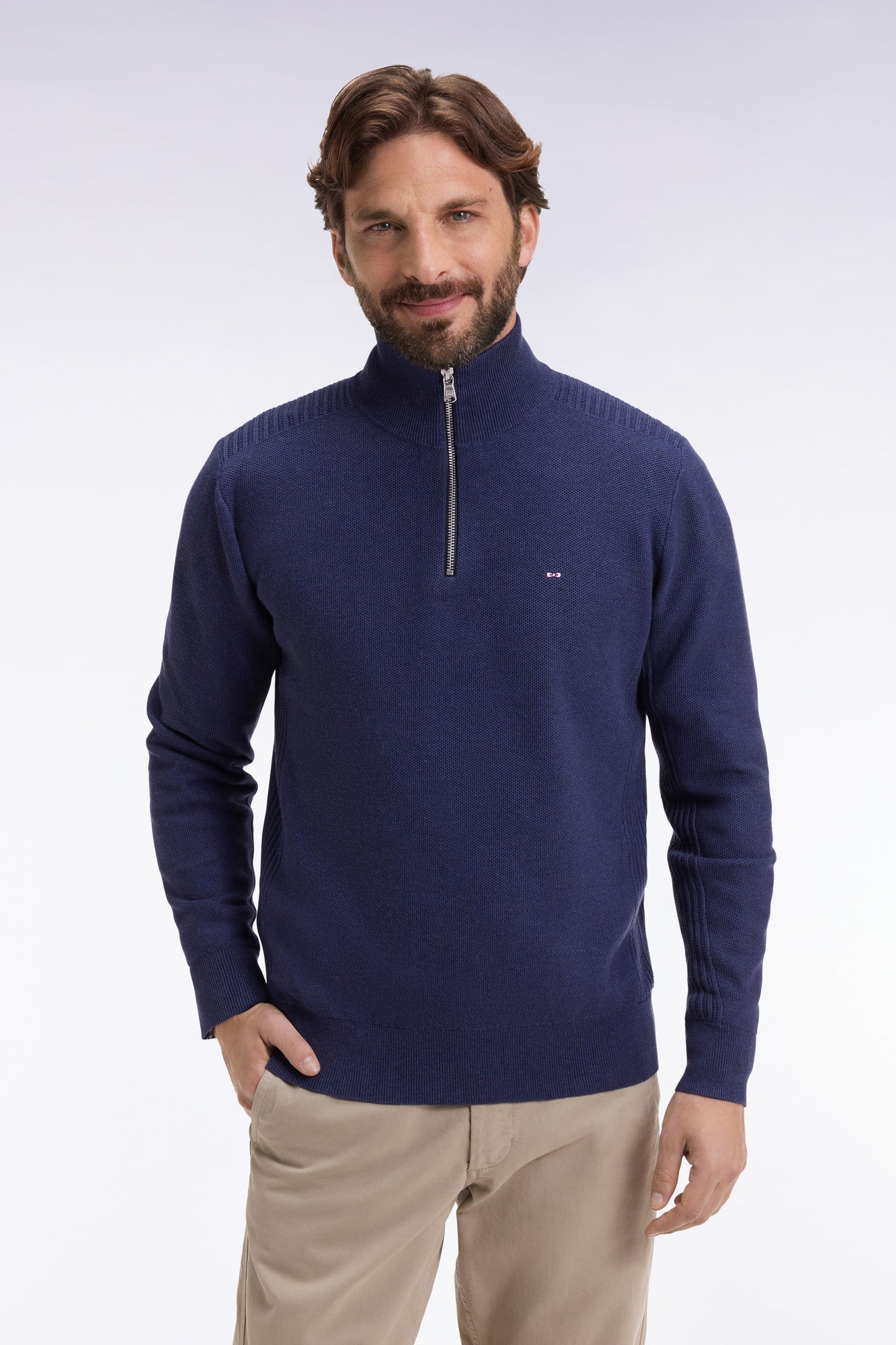 Navy cotton honeycomb trucker-neck sweater