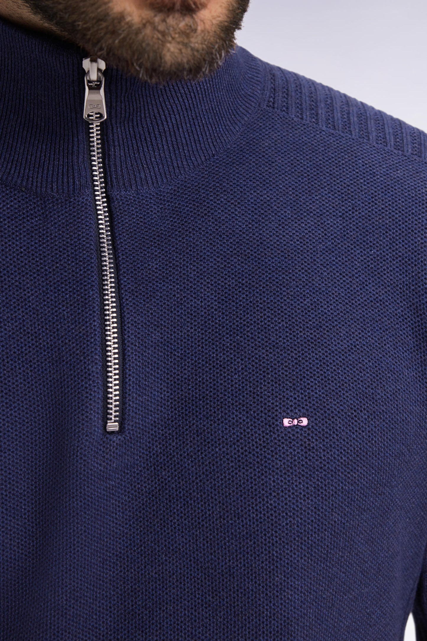 Navy cotton honeycomb trucker-neck sweater
