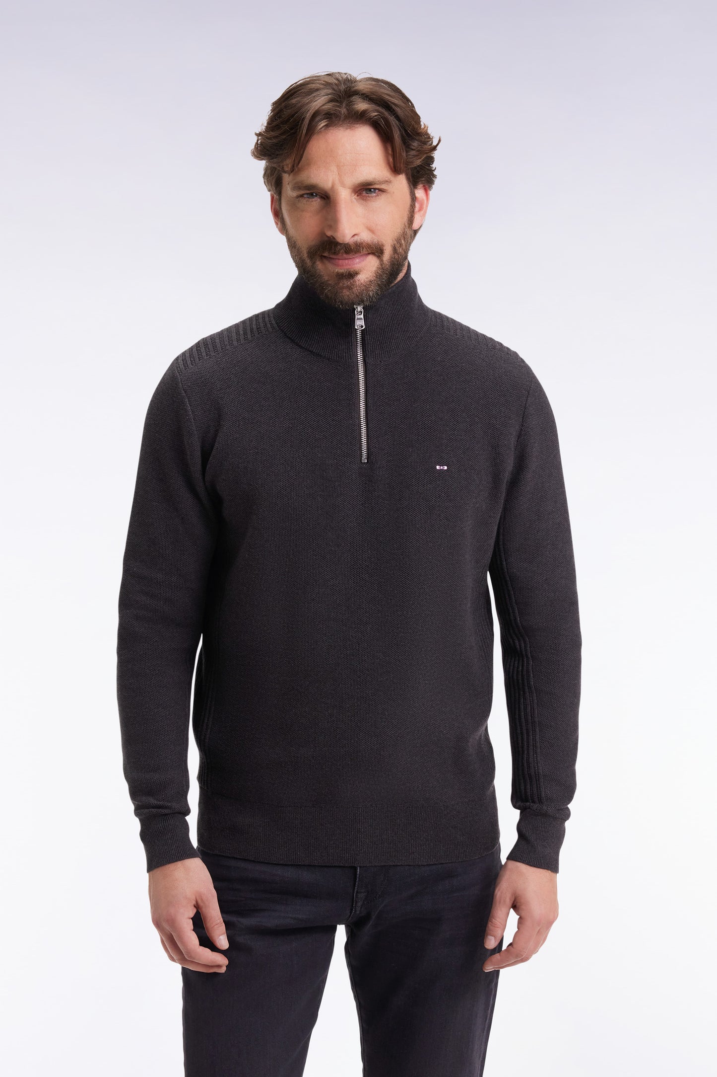 Honeycomb cotton trucker-neck sweater, dark grey