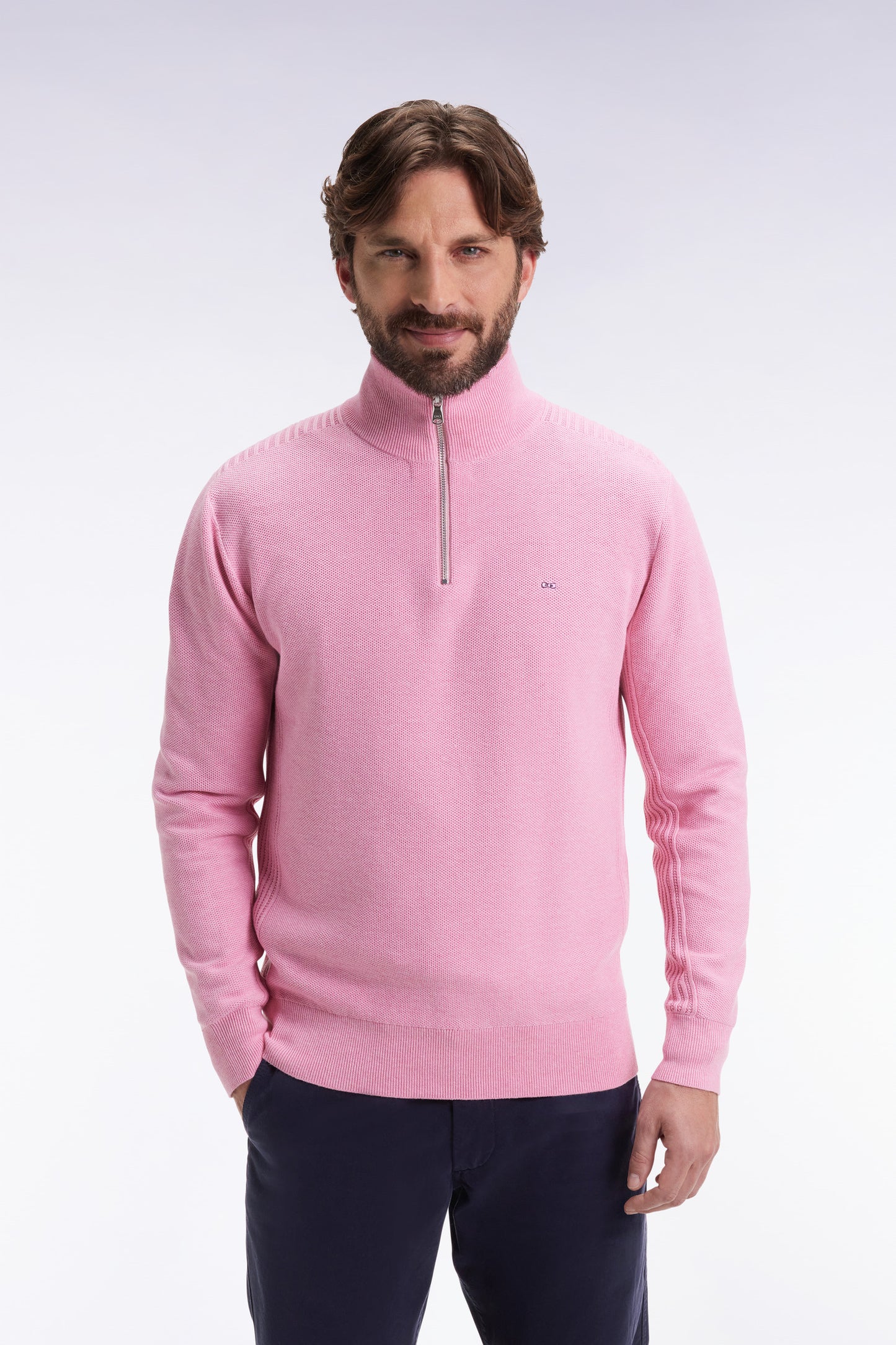 Pink cotton honeycomb trucker-neck sweater