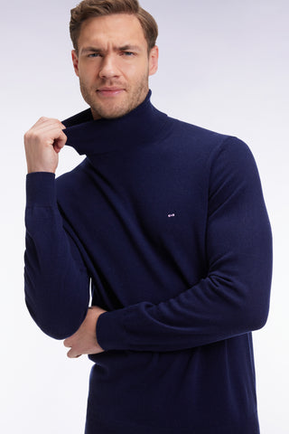 Pull col roulé en laine vierge et cachemire marine