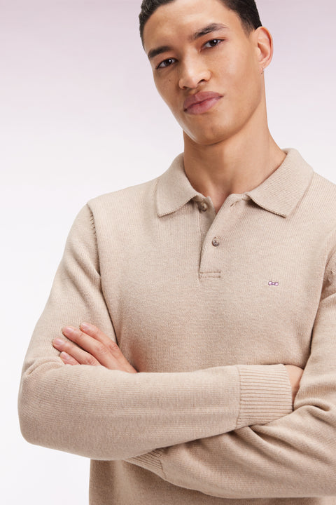 Thick jersey-neck sweater in beige wool and cotton - Image 1