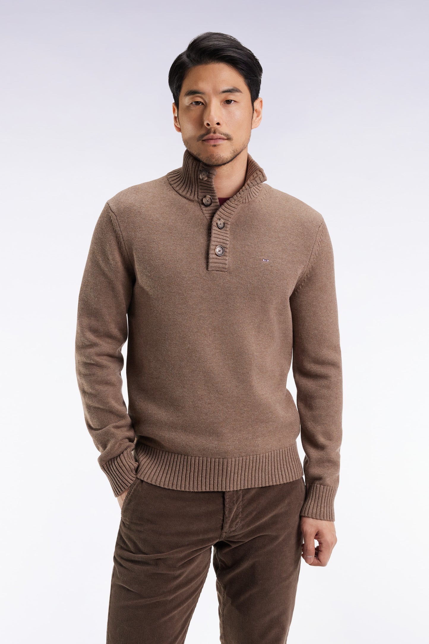 Chunky high-neck sweater in brown wool and cotton