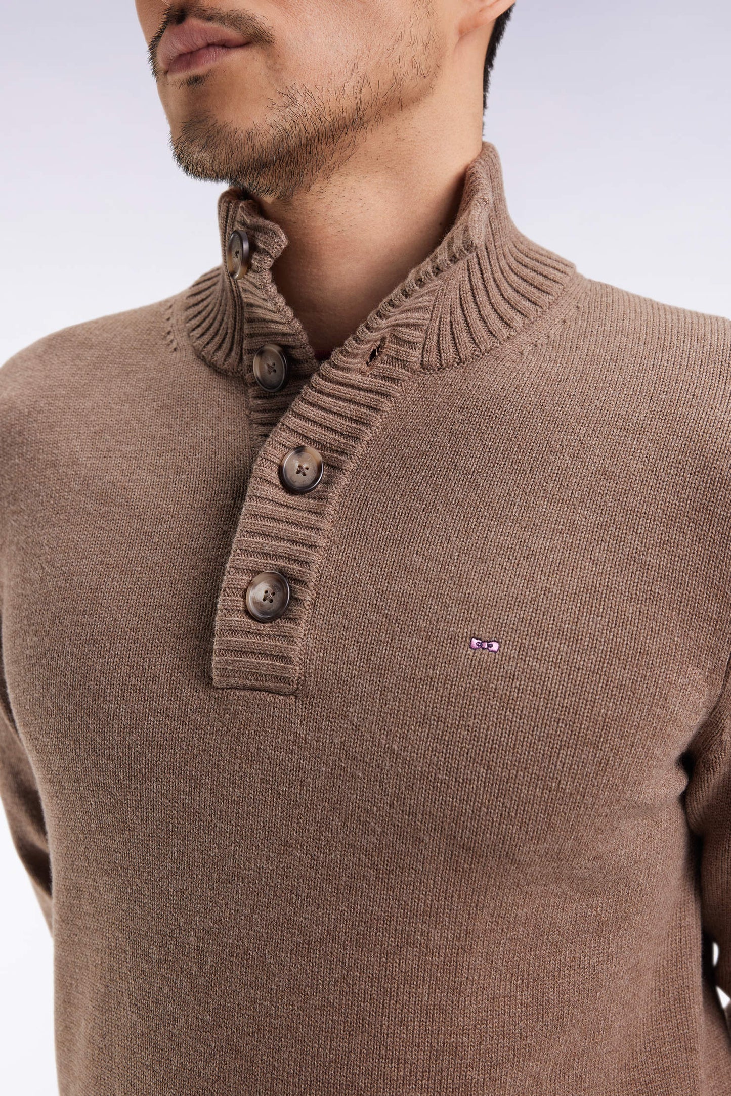 Chunky high-neck sweater in brown wool and cotton
