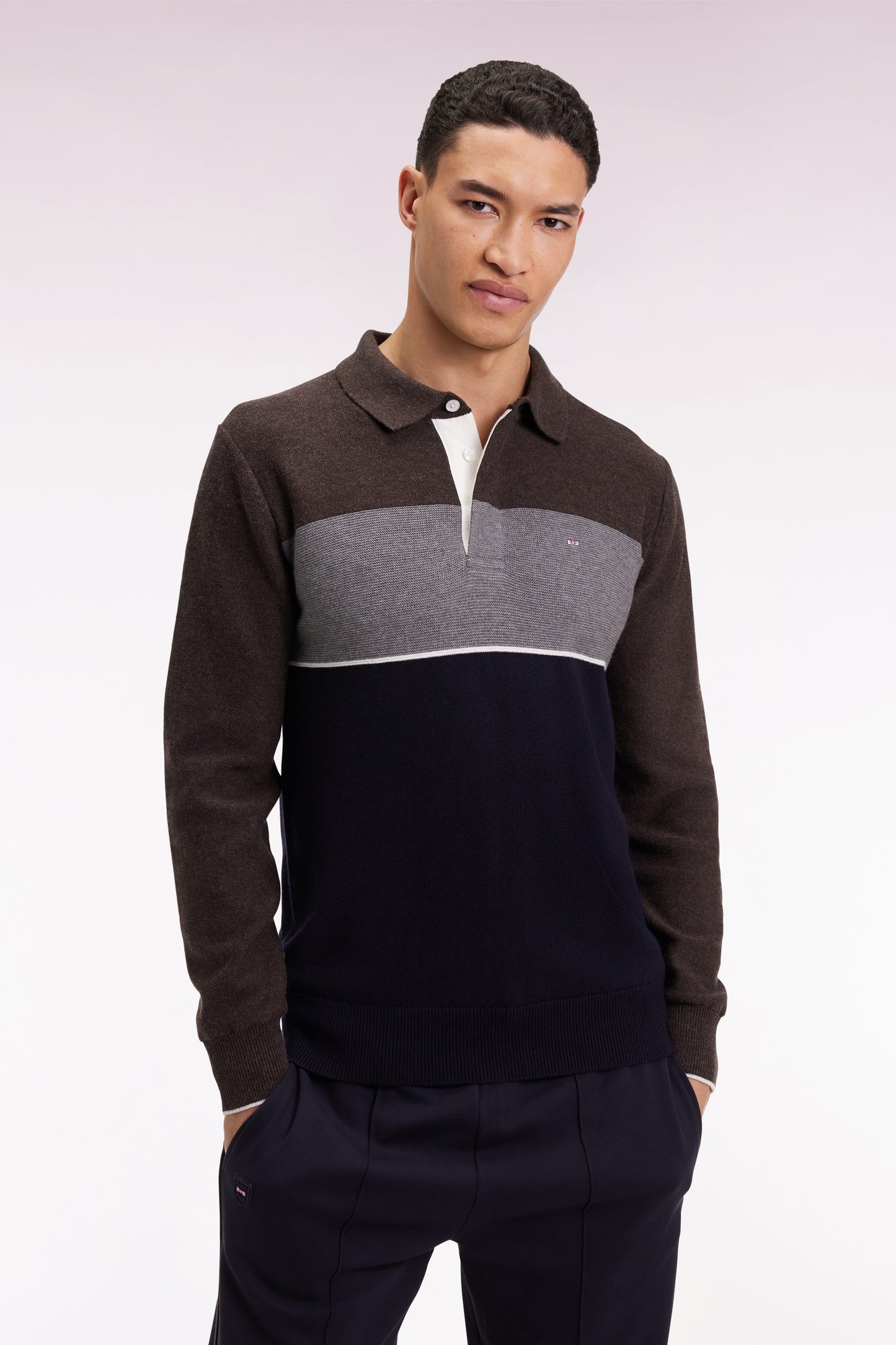 Pull col maillot en laine et coton marine marron et gris