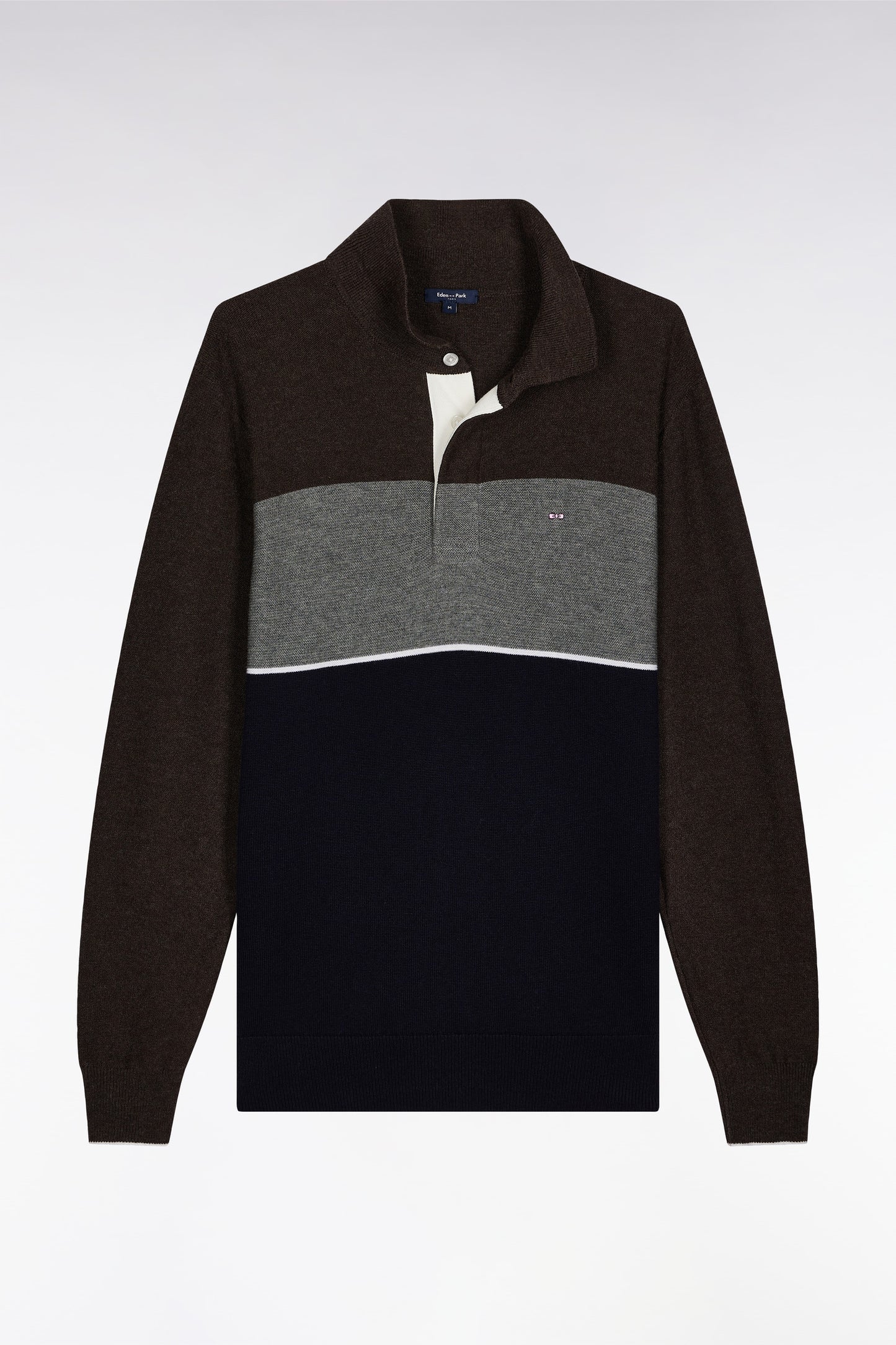 Pull col maillot en laine et coton marine marron et gris