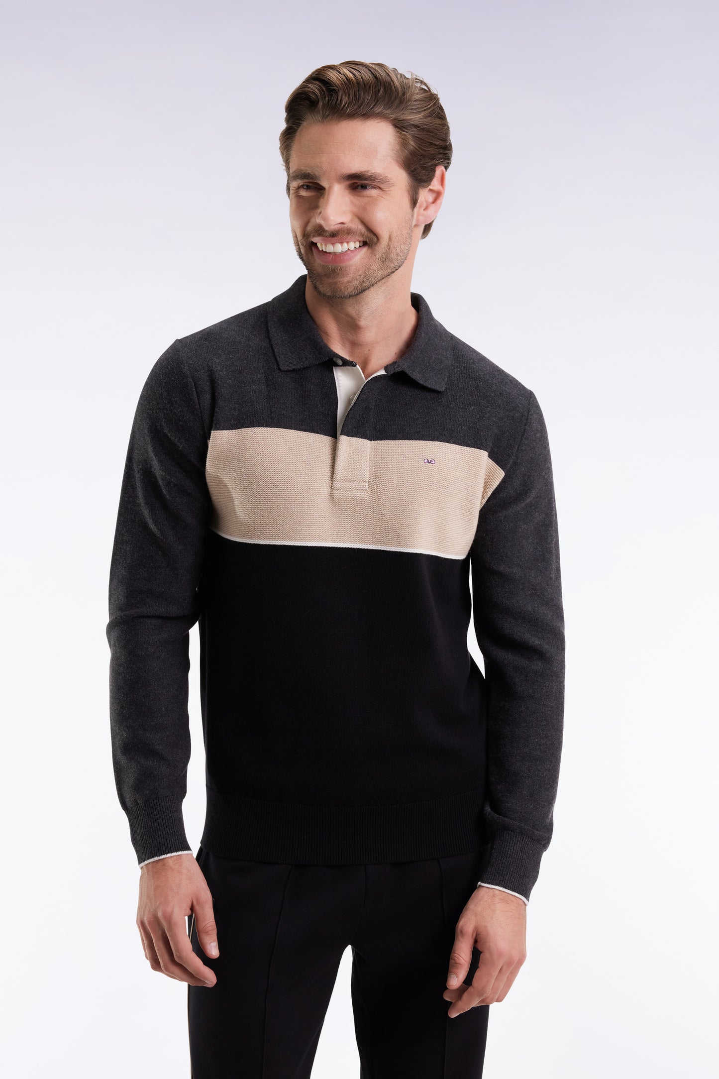 Pull col maillot en laine et coton noir gris et beige