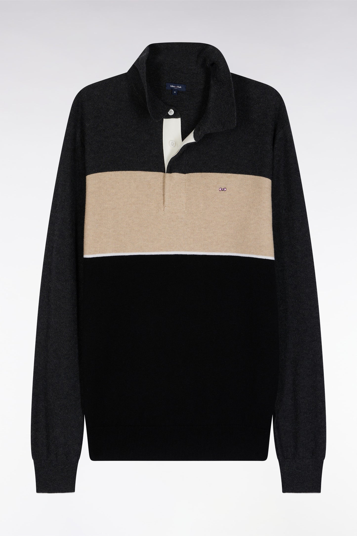 Pull col maillot en laine et coton noir gris et beige