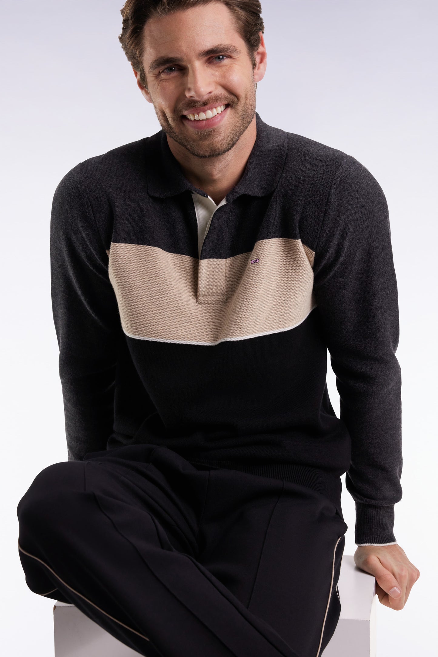 Pull col maillot en laine et coton noir gris et beige