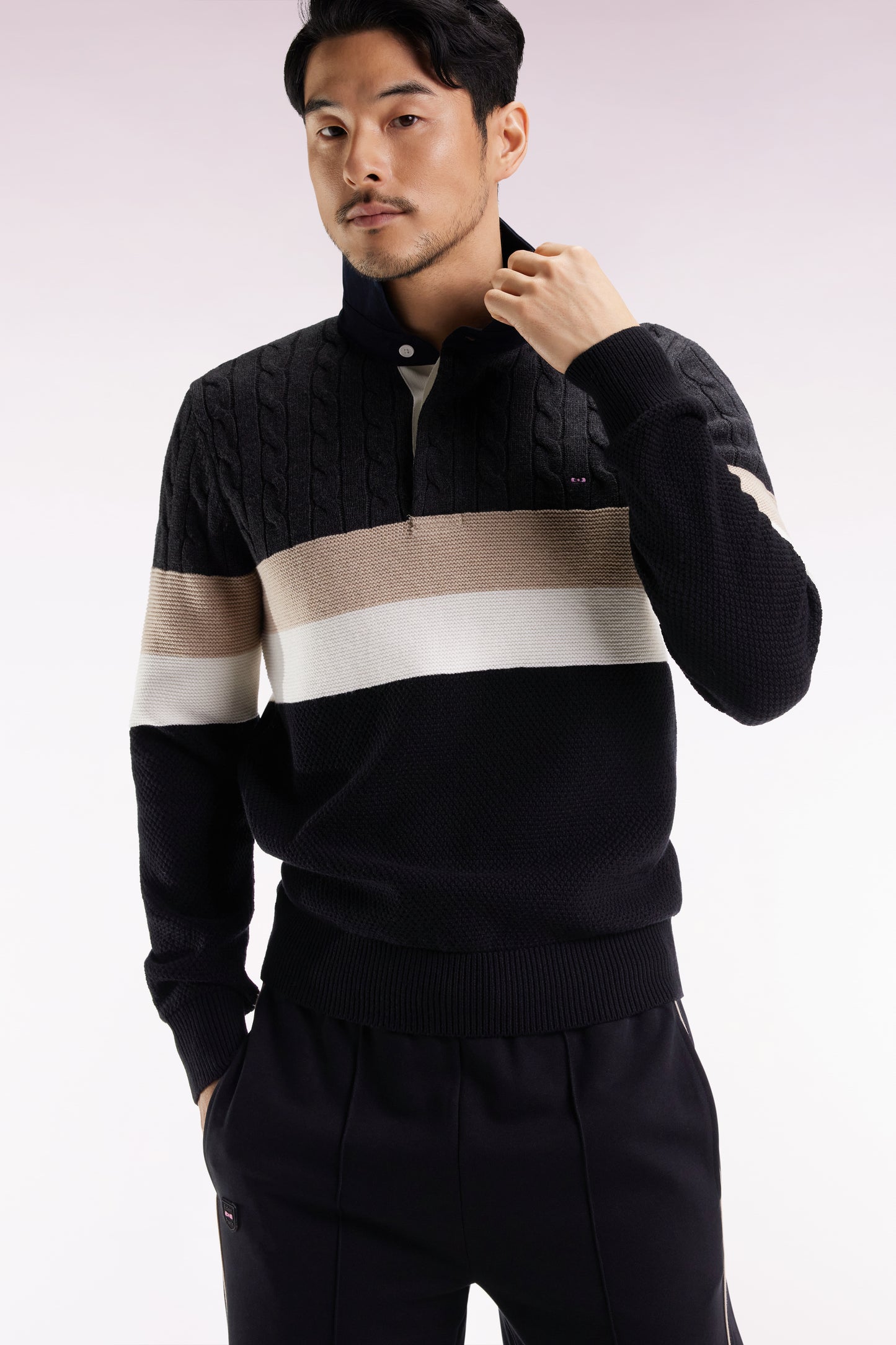 Pull col maillot en laine et coton torsadé noir et gris