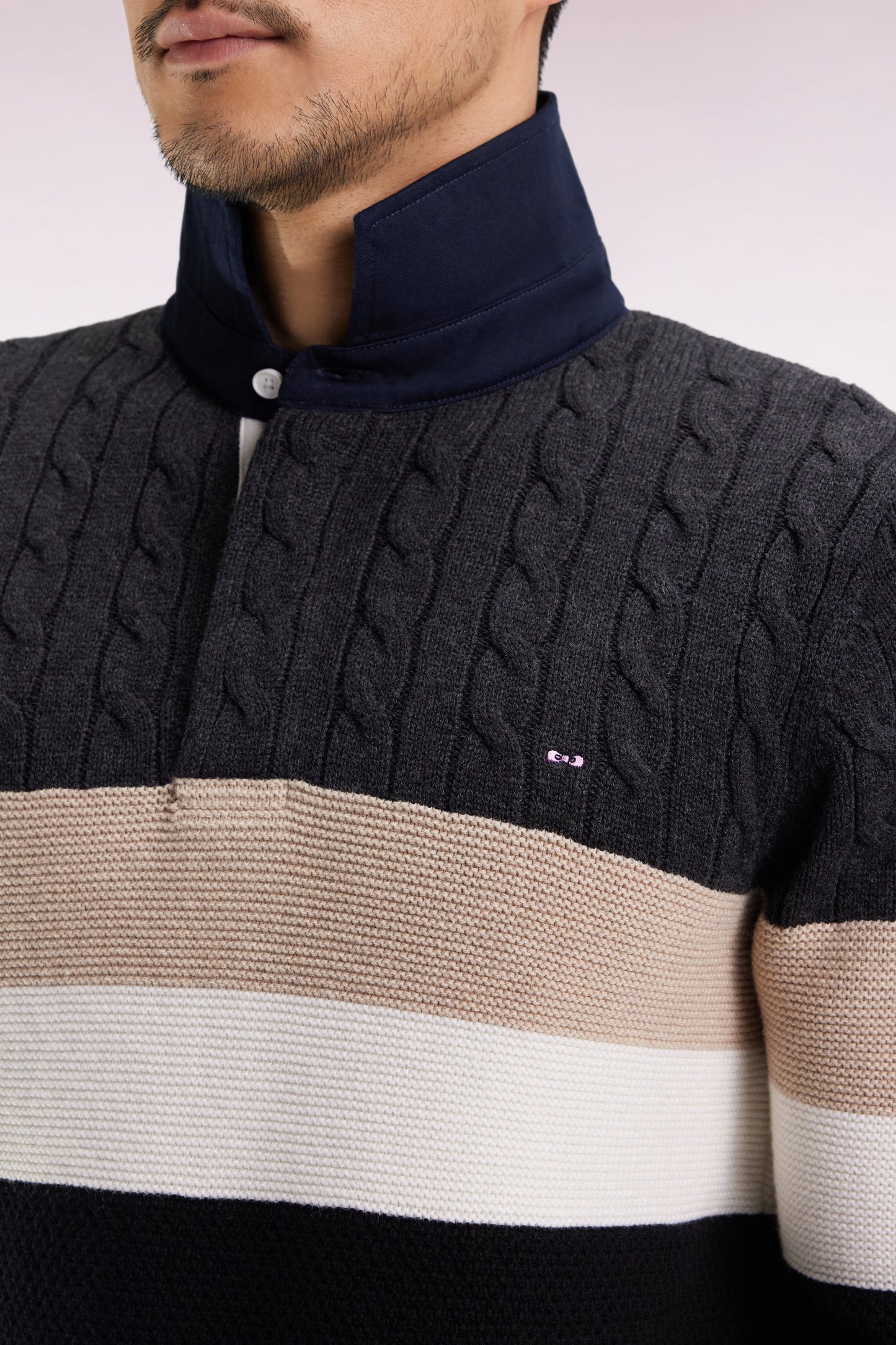 Pull col maillot en laine et coton torsadé noir et gris