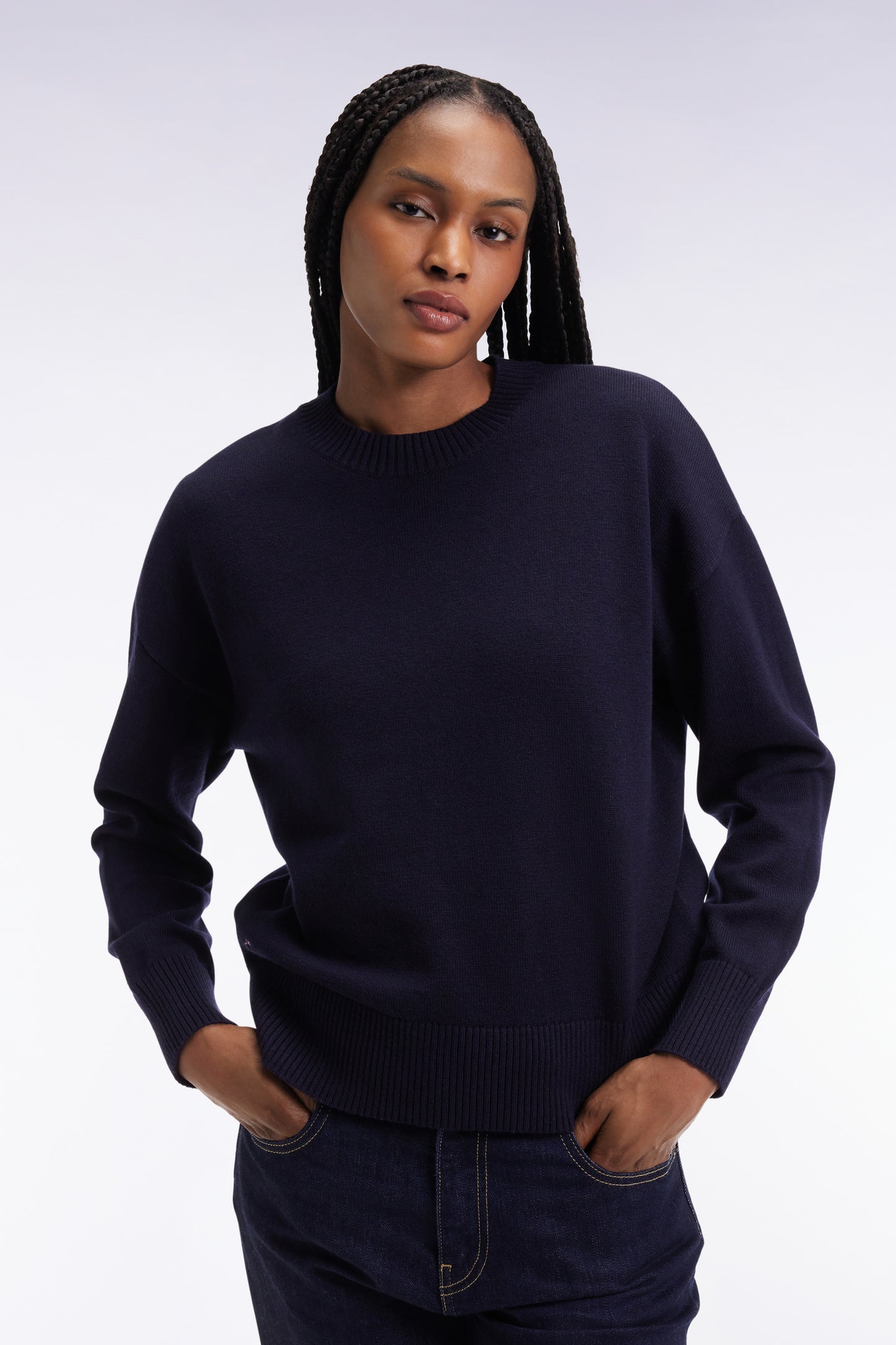 Pull à col rond en laine et coton marine coupe Relaxed