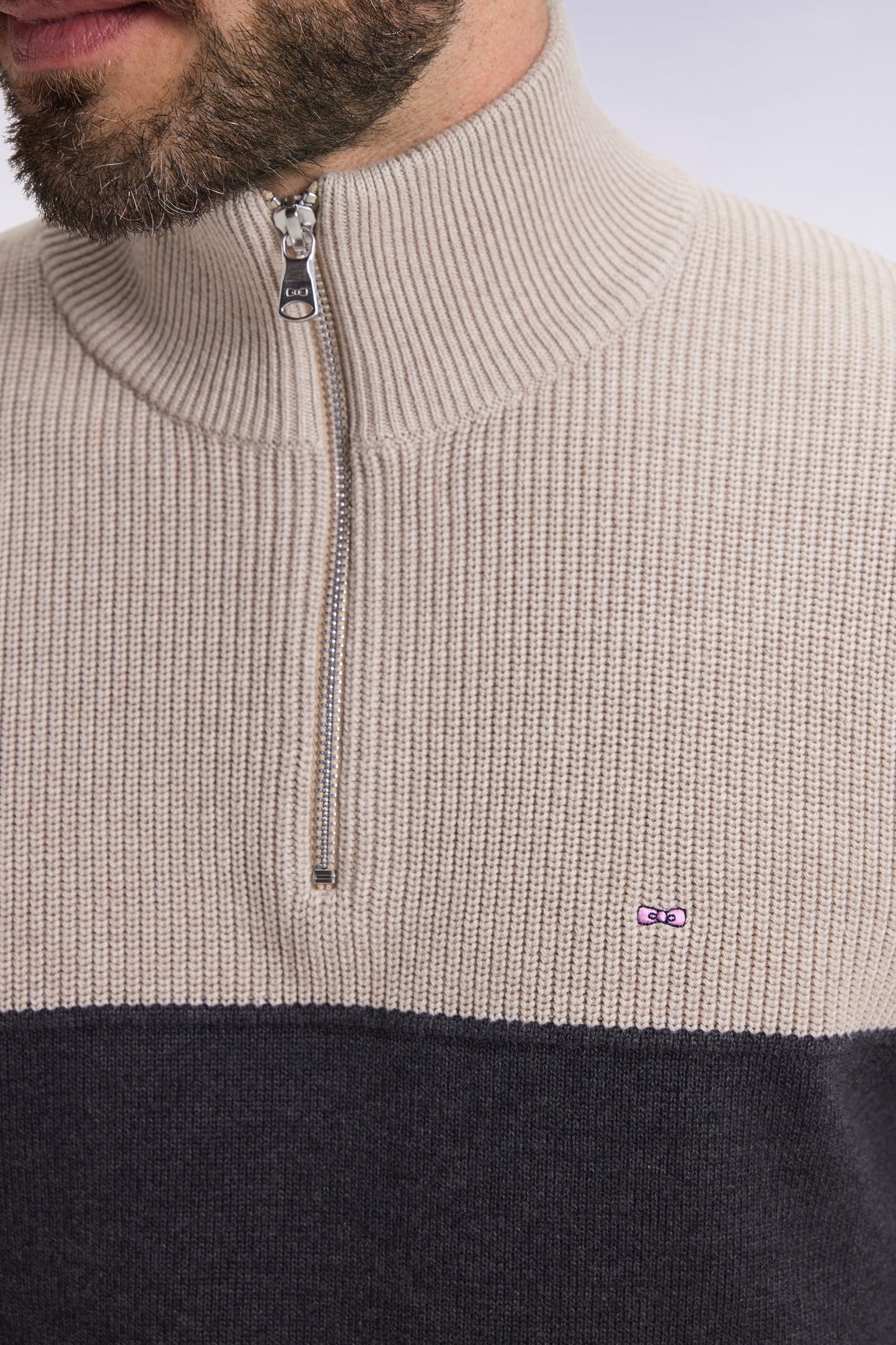 Pull col camionneur en coton gris à effet de rayure