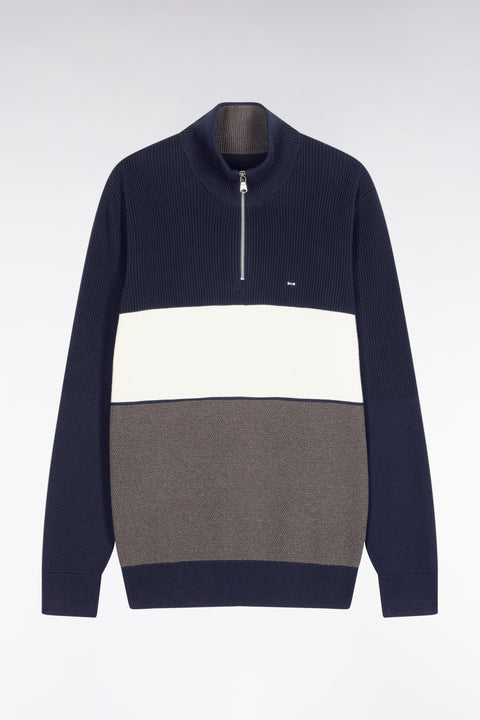 Brown and navy cotton trucker-neck sweater with stripe effect - Image 2