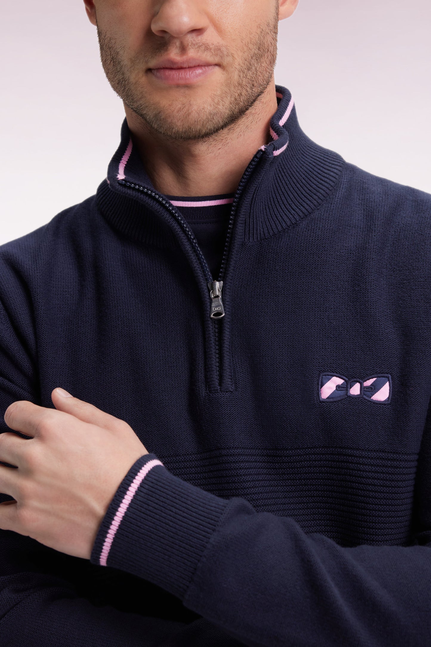 Navy cotton trucker-neck sweater with bow tie