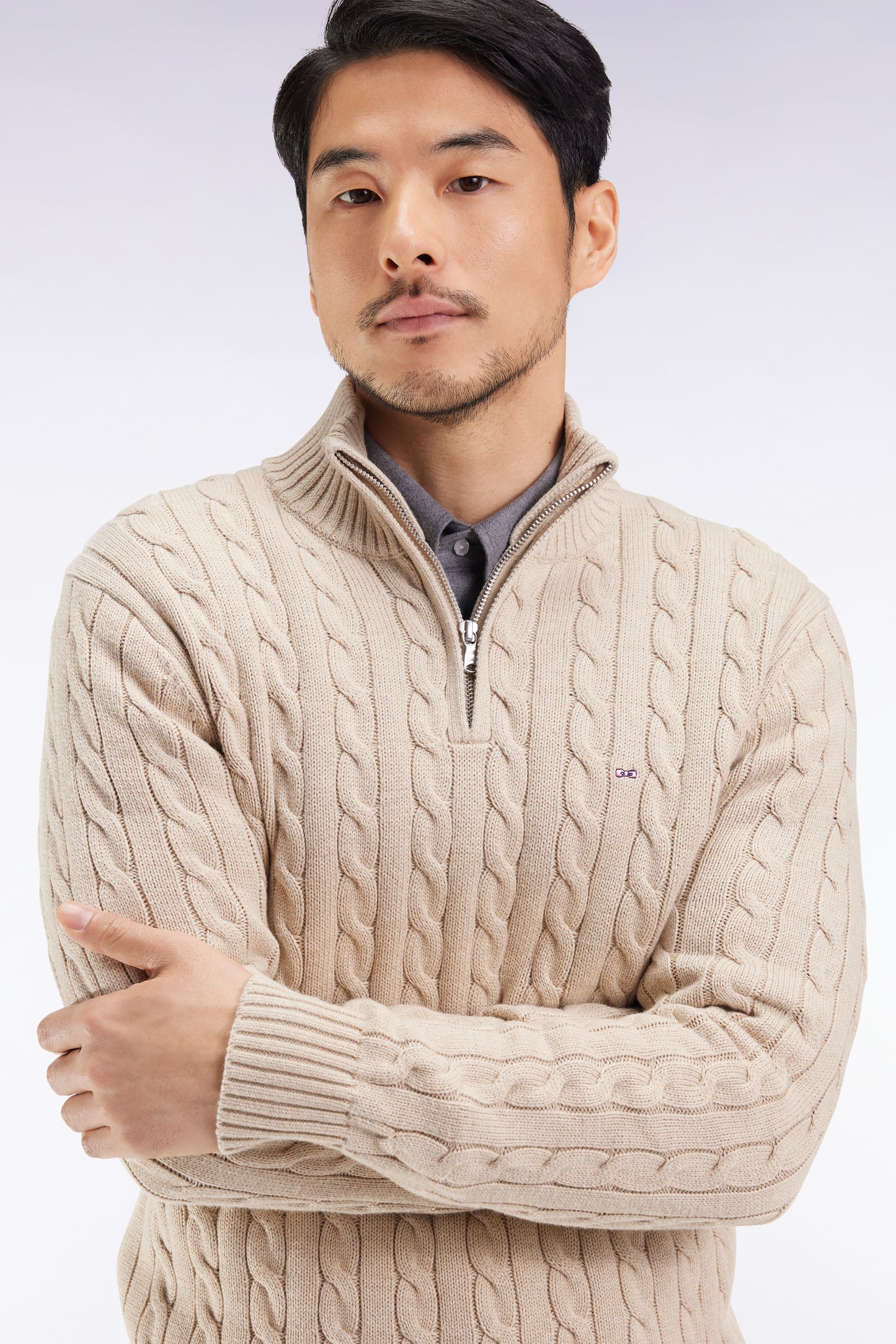 Pull col camionneur en coton torsadé beige