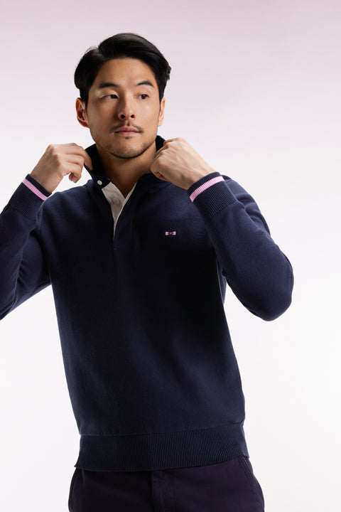 Navy cotton embroidered jersey-neck sweater 10 - Image 1