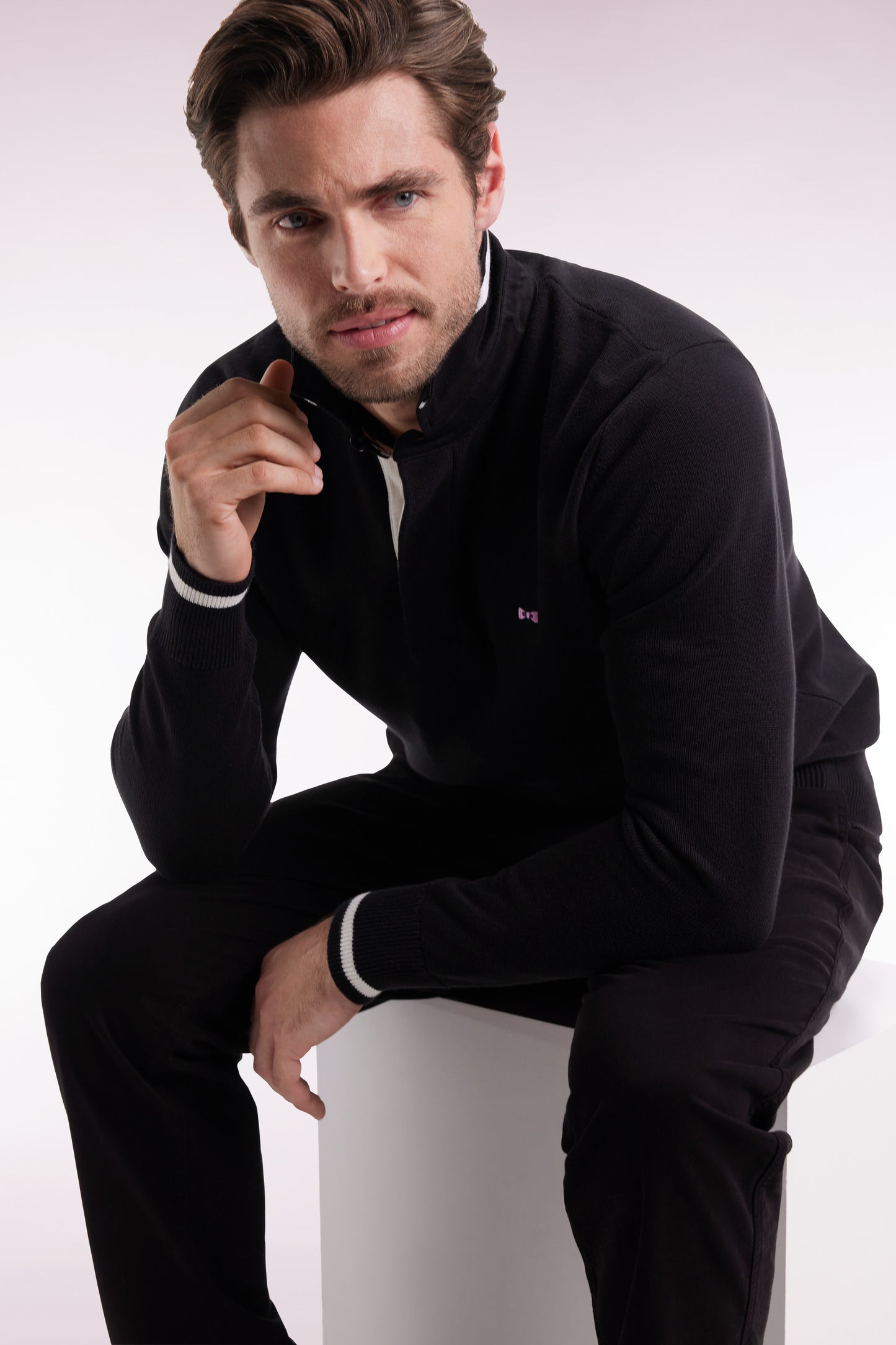 Black cotton embroidered jersey-neck sweater 10